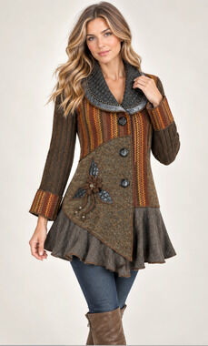 The Pyramid Collection Mixed Fabric Sweater Jacket Asymmetric Sequin Striped M